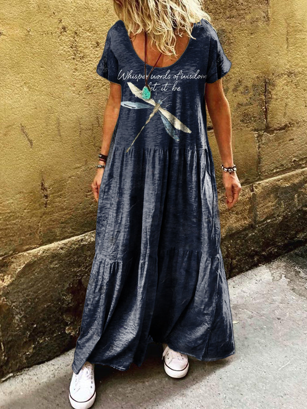 Women's Hippie Dragonfly Art Print Pocket Short Sleeve Cotton Dress