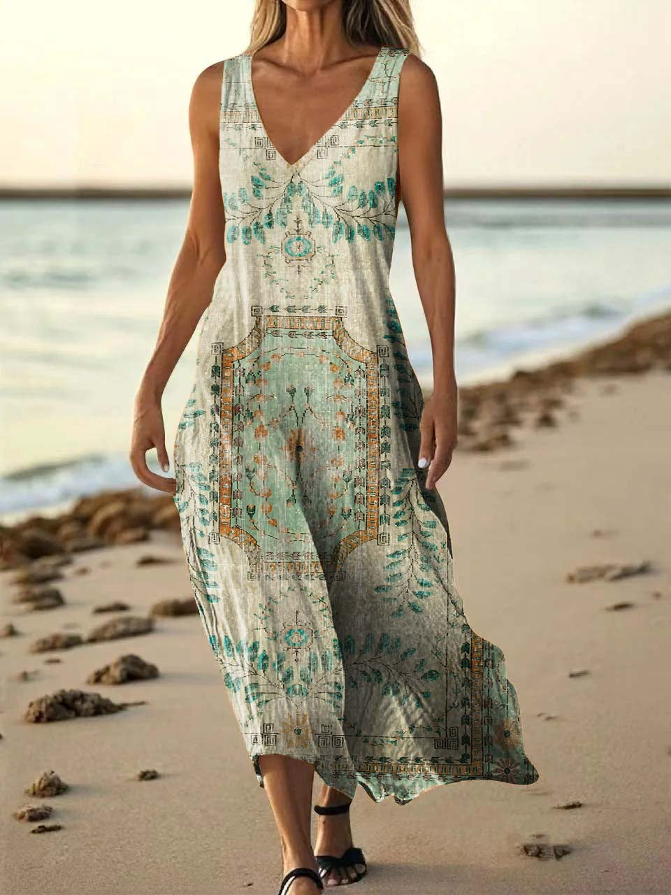 Women's Ethnic Tattoo Pattern Art Print Pocket Cotton Dresses