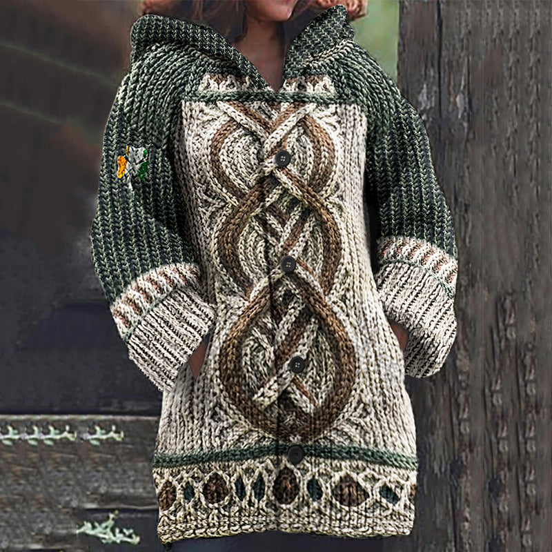Women's Irish Celtic Jacquard Hooded Button Up Cardigan Sweater artswardrobe