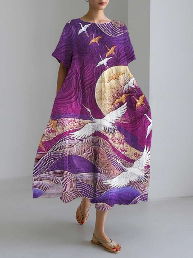 Comstylish Japanese Crane Short Sleeve Linen Maxi Dress
