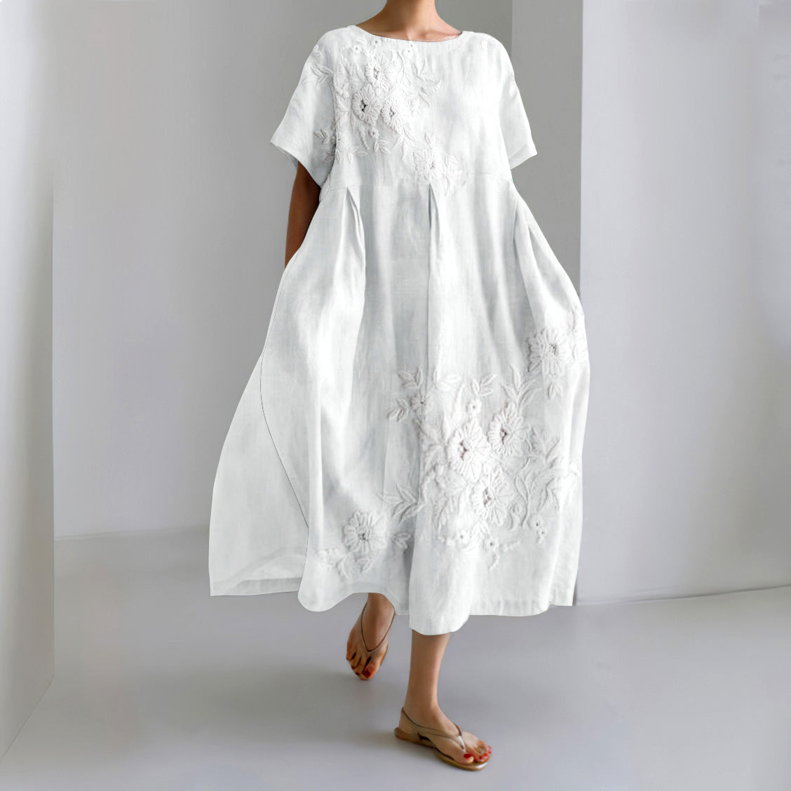 Comstylish Floral Lace Embroidery Art Linen Blend Maxi Dress