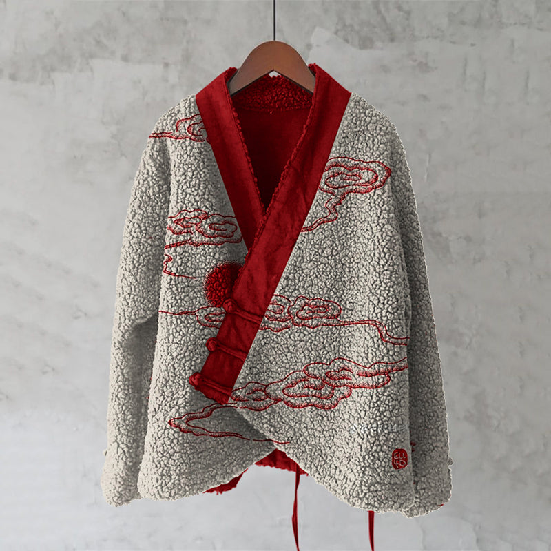 Comstylish Vintage Cloud Line Art Plush Cardigan