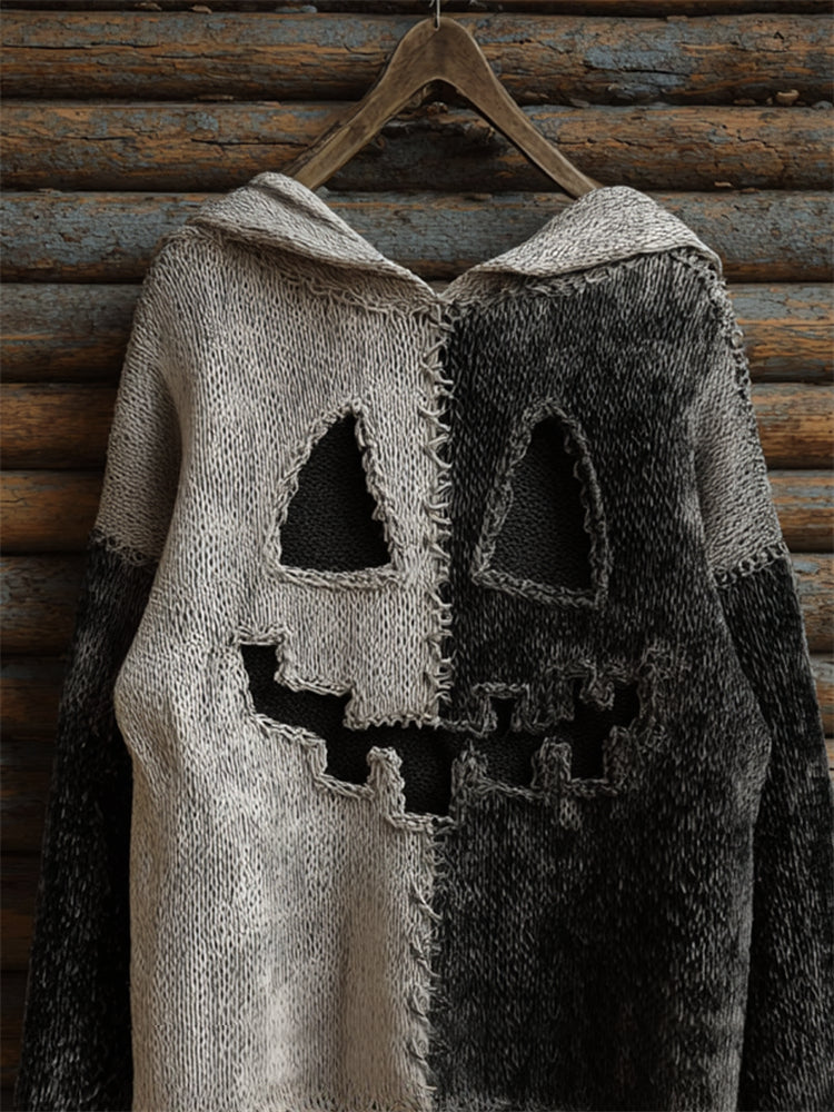 Halloween Pumpkin Face Contrast Stitched Cozy Knit Hooded Sweater artswardrobe