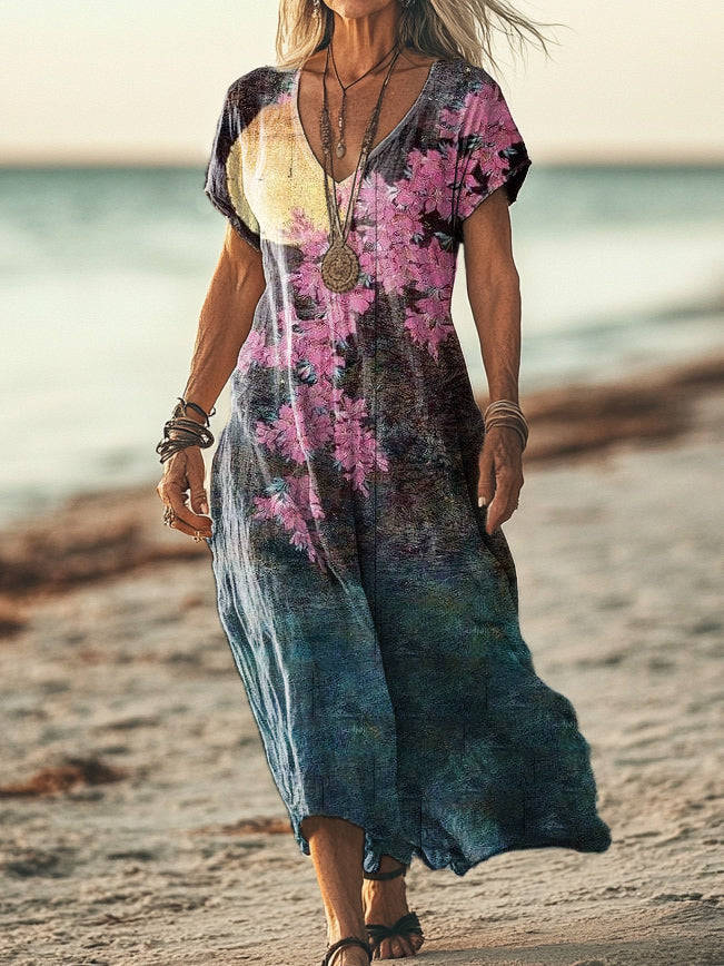 Women's Floral Pattern Art Print Pocket Cotton Dress