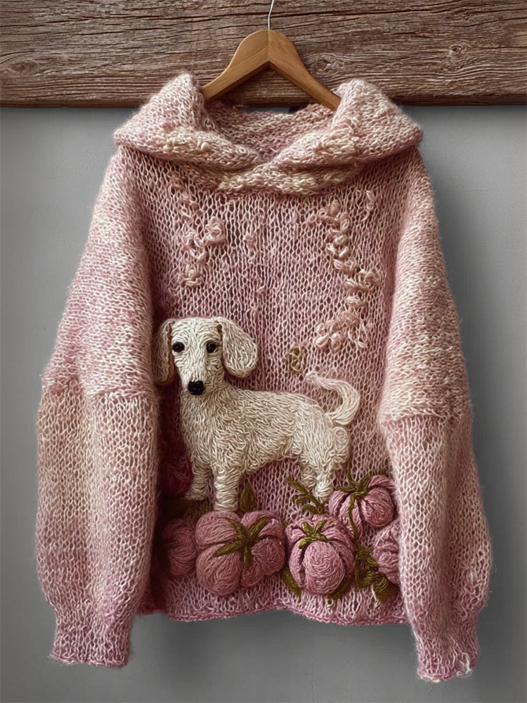 Comstylish Lovely Dachshund Dog & Pink Pumpkins Cozy Fuzzy Hooded Sweater