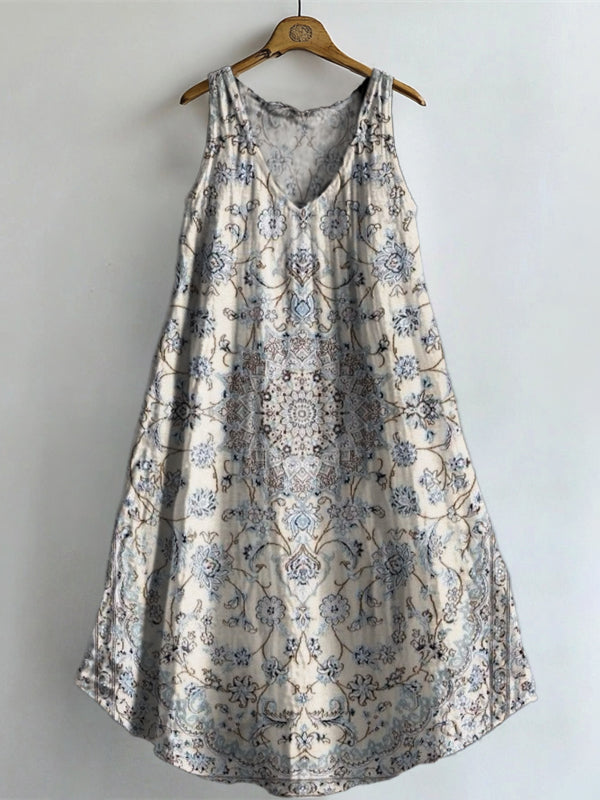 Women's Ethnic Totem Floral Art Print V-neck Pocket Cotton Dress