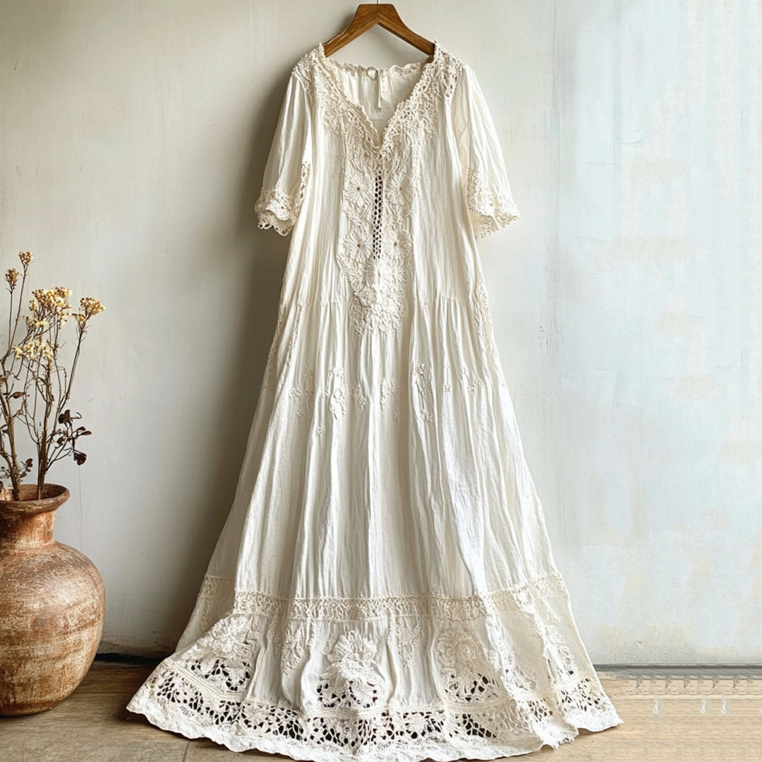 Elegant Floral Lace Cutout Linen Dress artswardrobe