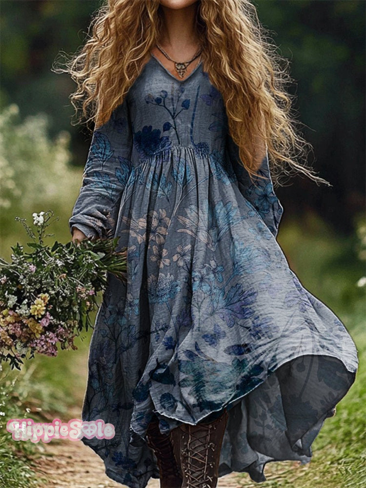 Women's Boho Floral Art Pattern Print V Neck Pocket Cotton Dress