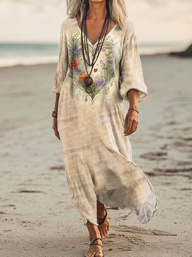 Women's Heart Floral Art Print Pocket Cotton Dresses