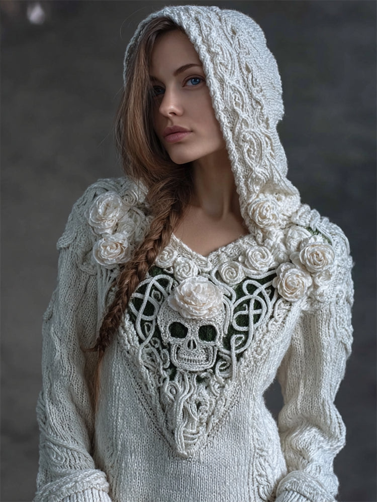 Vintage White Roses Skull Celtic Hooded Cozy Knit Sweater artswardrobe