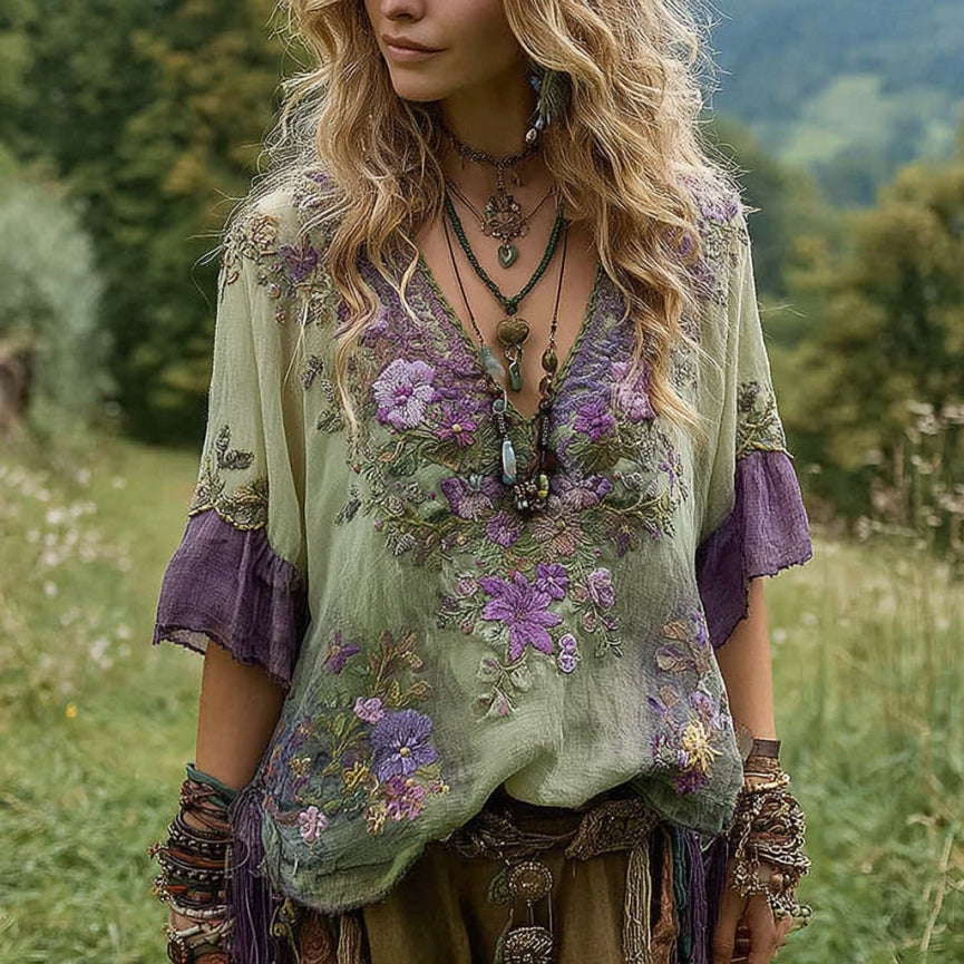 Women's Vintage Floral Embroidery Art V Neck Linen T-shirt artswardrobe