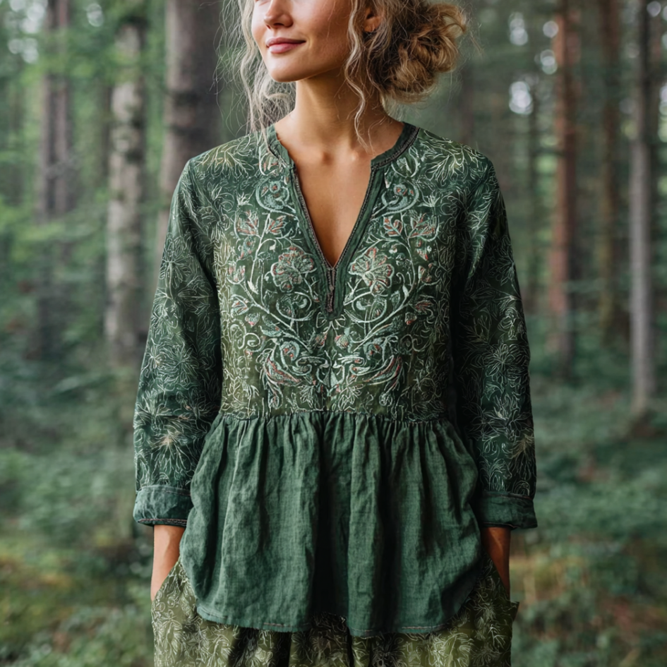 Comstylish Natural Forest Women's V-neck Retro Cotton And Linen Top