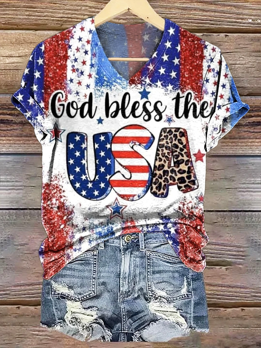 Women's God Bless Usa Art Print V-neck Casual T-Shirt