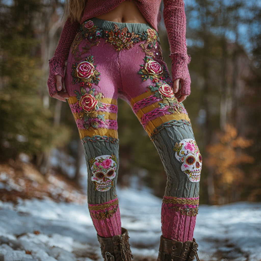 Women's Vintage Sugar Skull And Floral Pattern Casual Leggings artswardrobe
