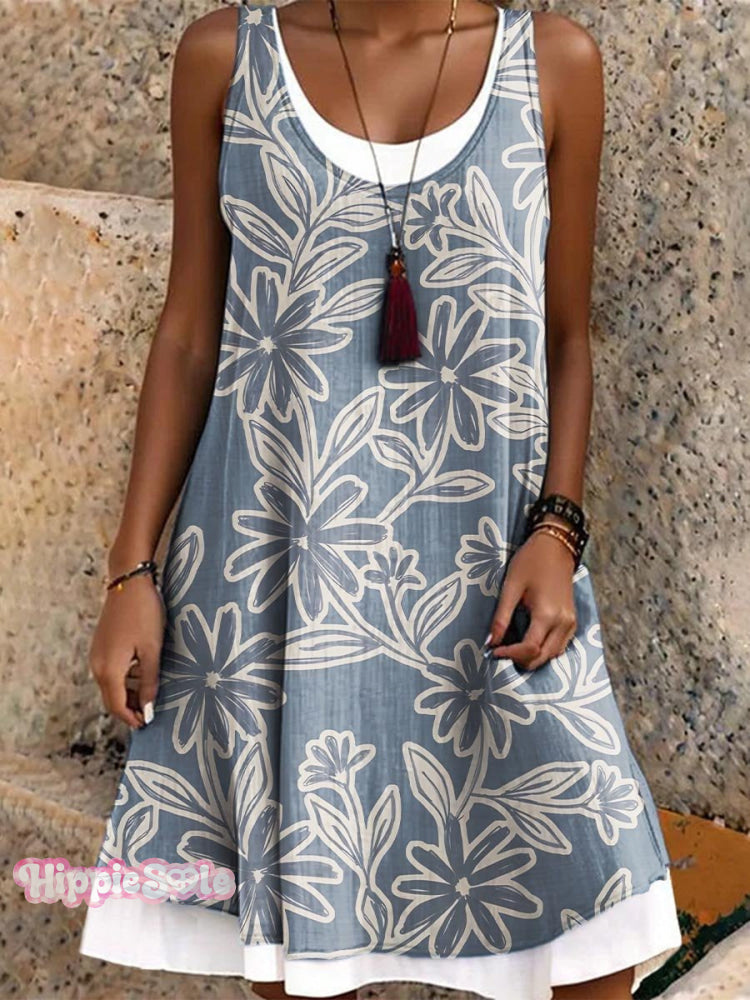Women's Vacation Casual Loose Splicing Flowers Art Print Dress