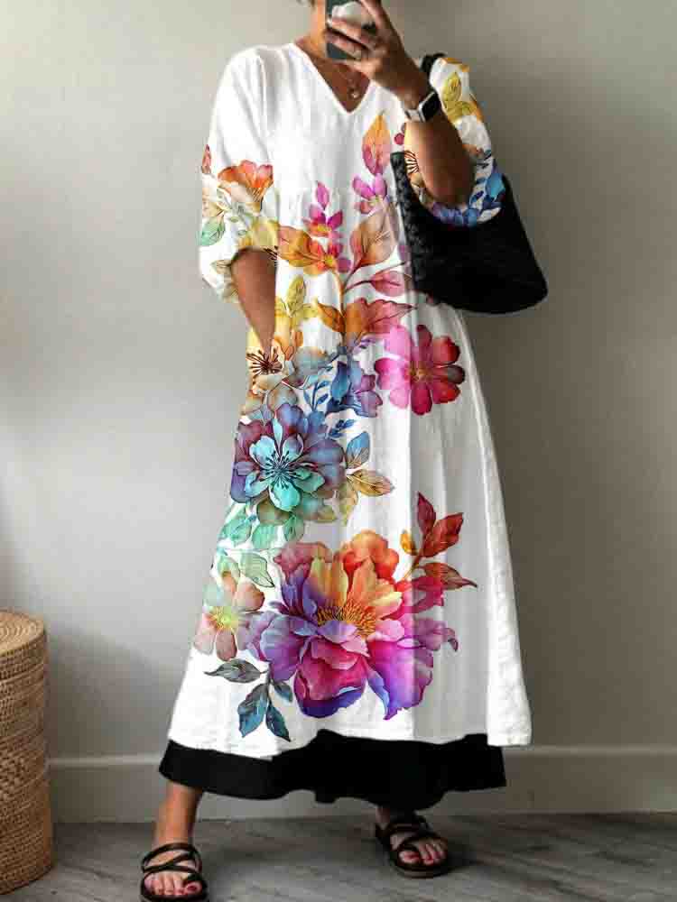 Women's Holiday Colorful Floral Pattern Cotton Dress