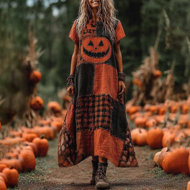 Vintage Halloween Pumpkin Face Patchwork Art Linen Round Neck Maxi Dress artswardrobe