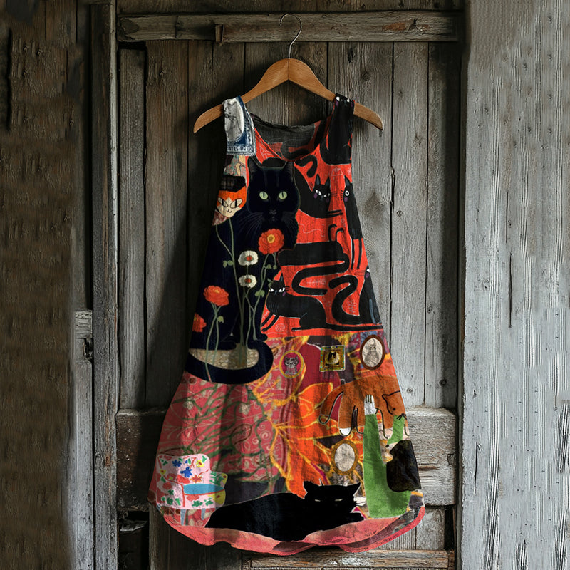 Vintage Abstract Creative Cute Cats Patchwork Art Linen Blend Tank Dress artswardrobe