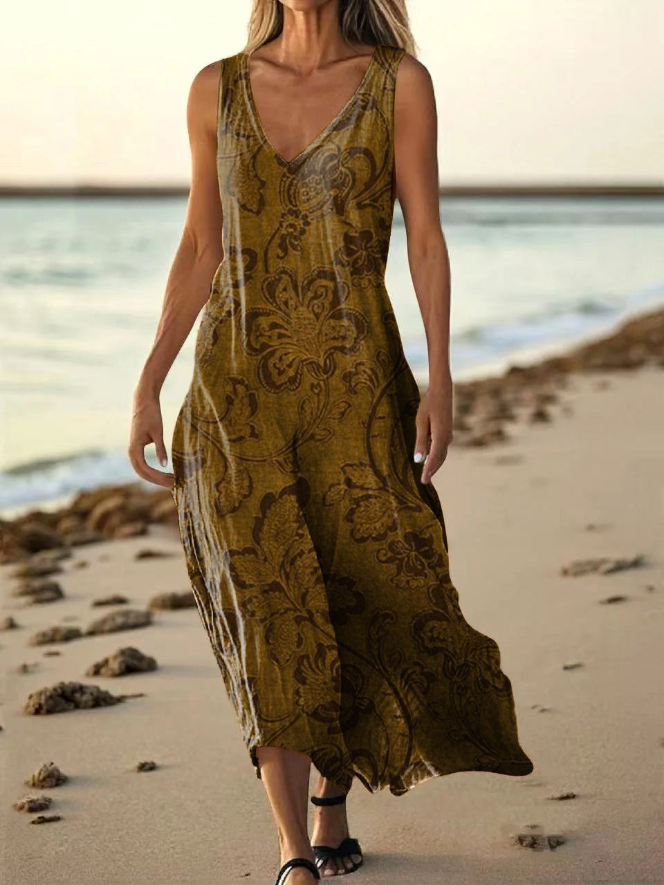 Women's Vintage Ethnic Floral Art Print Pocket Cotton Dress