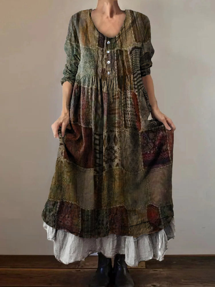 Women's Patchwork Pattern Art Print V-Neck Button Pocket Cotton Dress