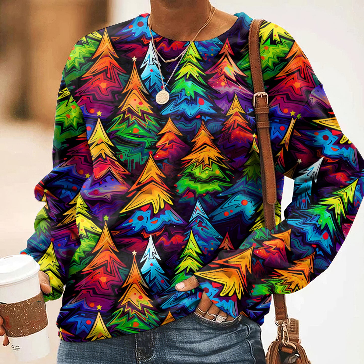 Comstylish Colorful Christmas Tree Print Casual Sweatshirt