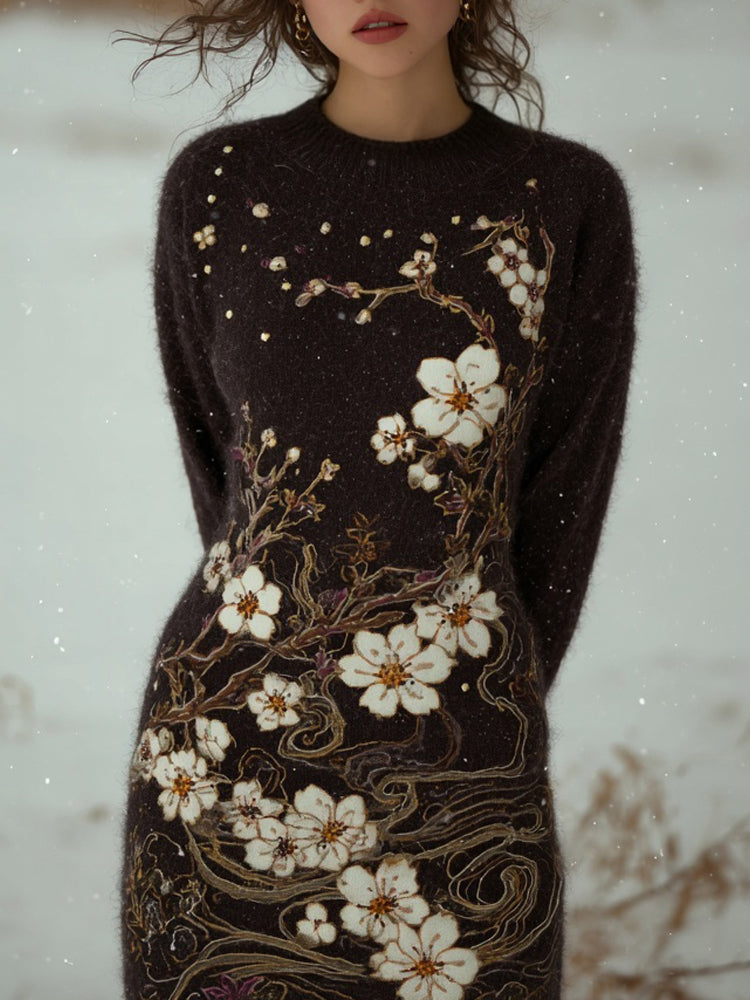 Comstylish Vintage Japanese Cherry Blossom Art Cozy Knit Sweater Dress