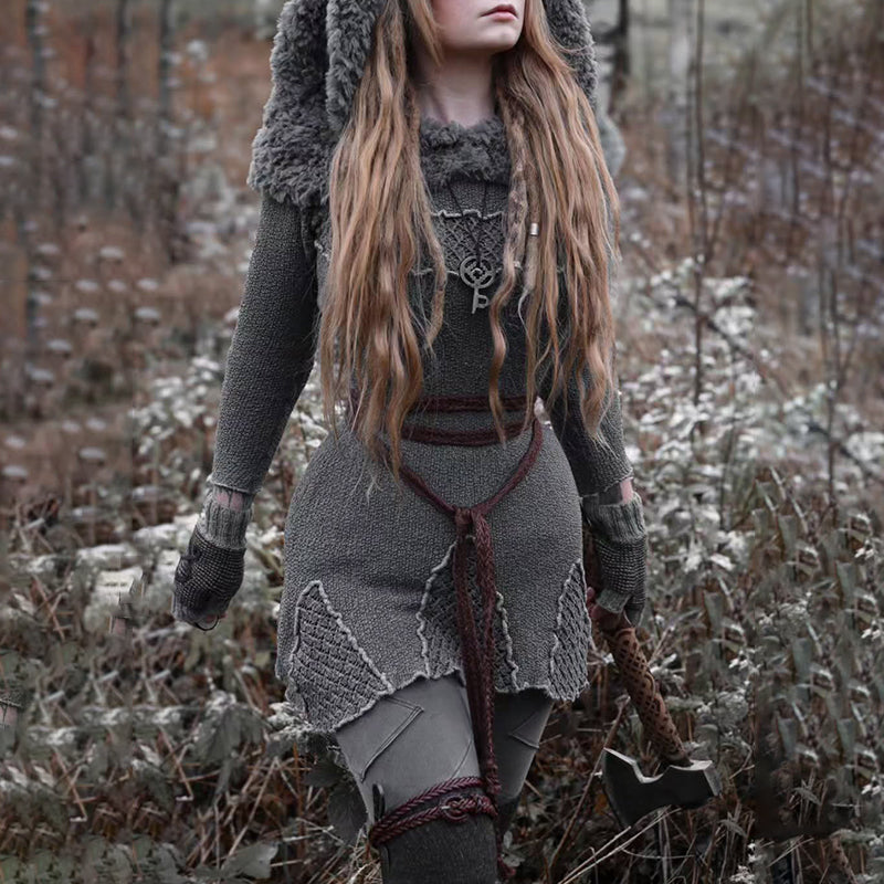 Women's Celtic Knotted Viking Jacquard Crew Neck Sweater Dress artswardrobe