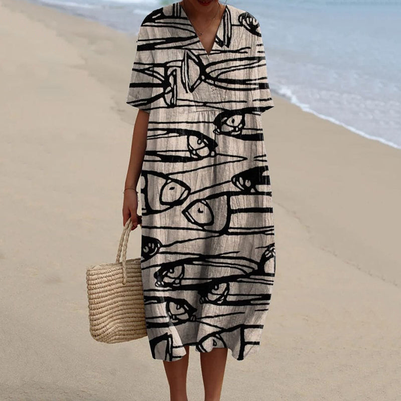 Comstylish Women's Vintage Fish Art Print Flowy Dress