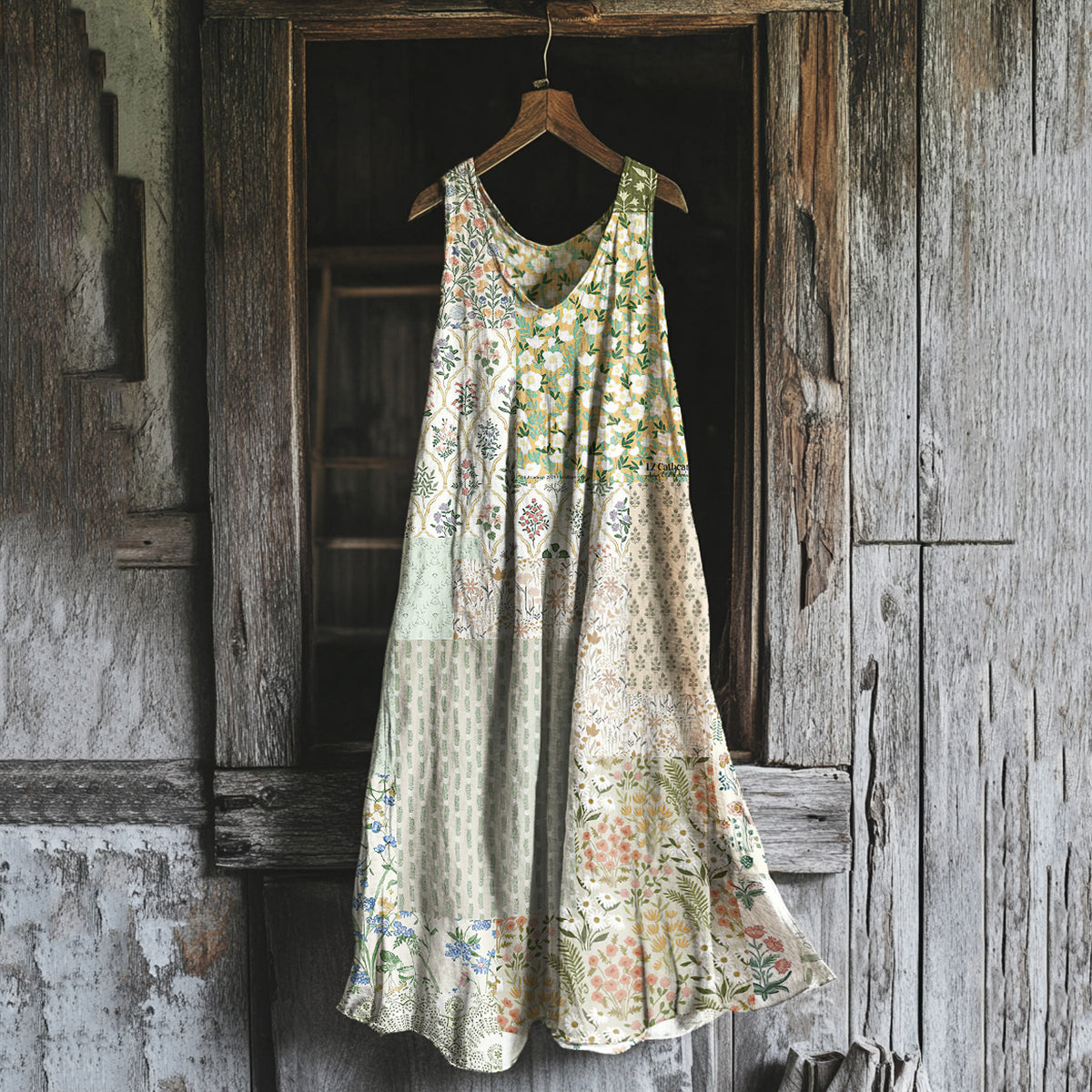 Comstylish Vintage Floral Art Cotton Linen Comfy Tank Dress