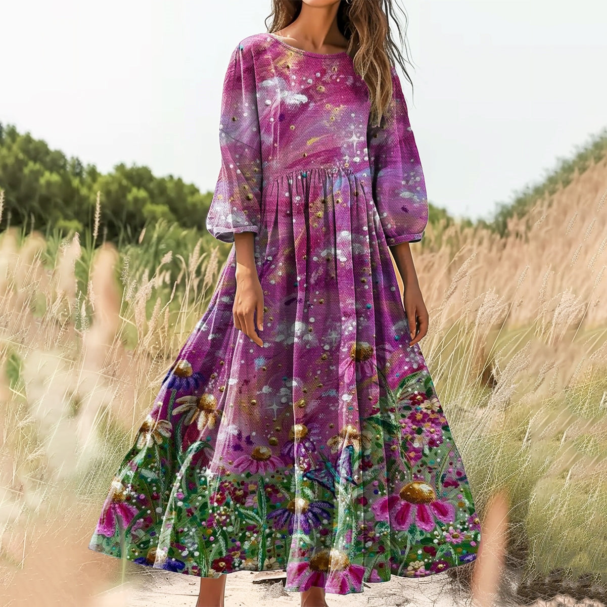 Women's Floral Embellished Pattern Art Print Cotton Crew Neck Dress