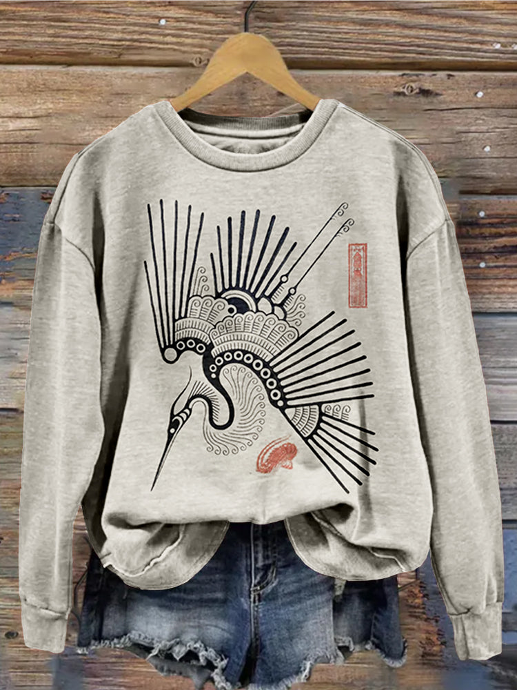 Comstylish Vintage Cranes Pattern Crew Neck Cozy Sweatshirt