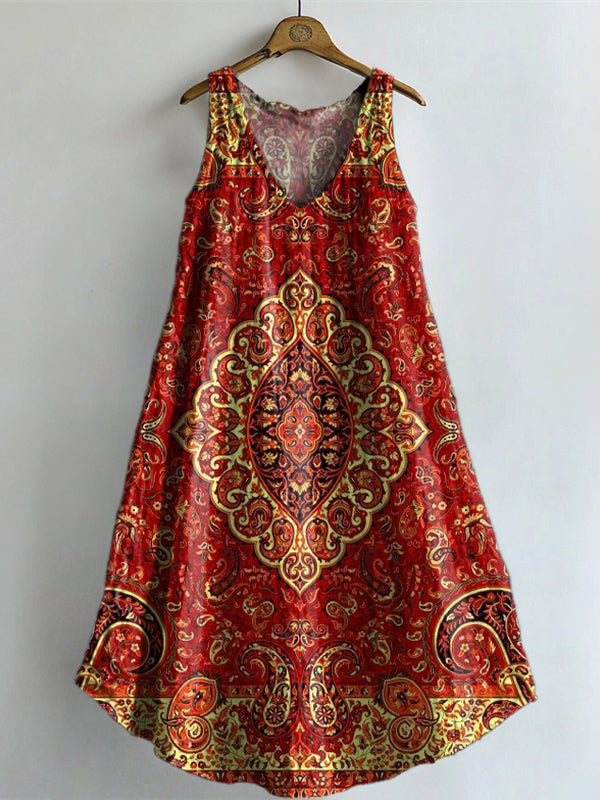 Women's Vintage Ethnic Floral Art Print V-neck Pocket Cotton Dress