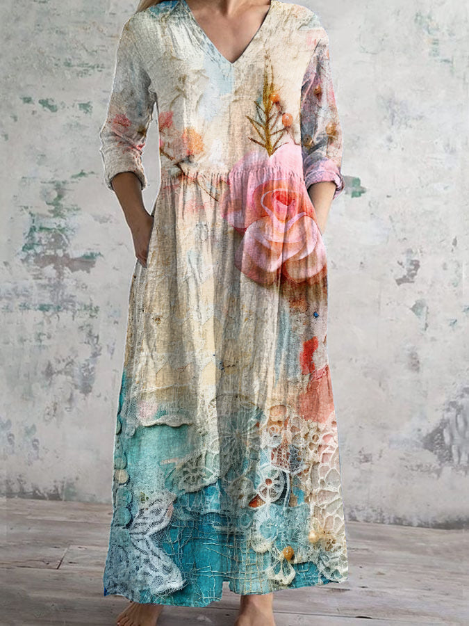 Vintage Chic Floral Print Pocket Casual Dress