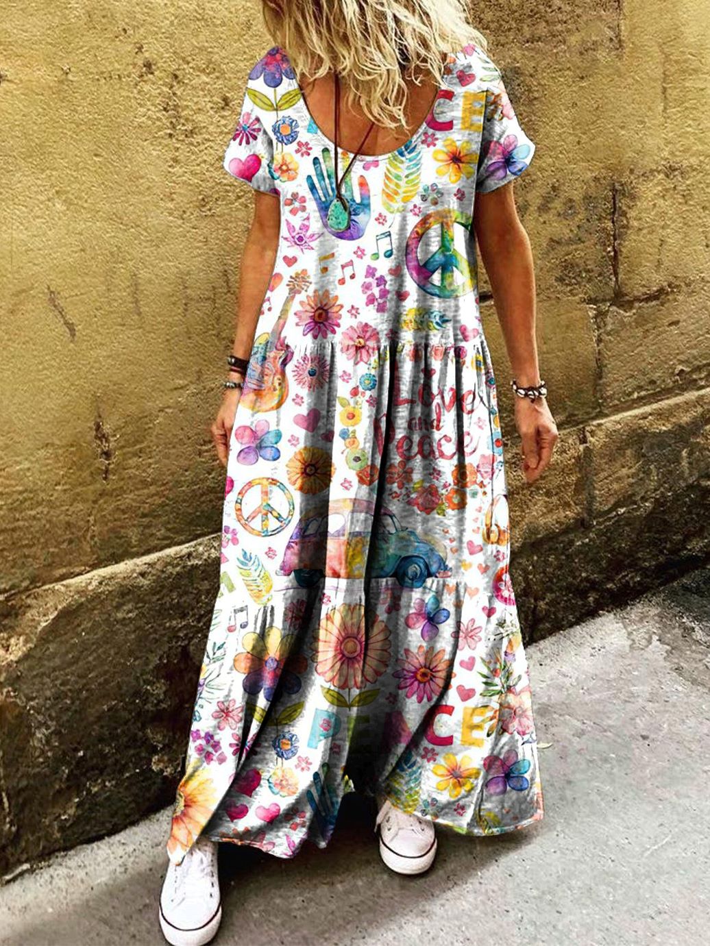 Women's Hippie Pattern Art Print Pocket Short Sleeve Cotton Dress