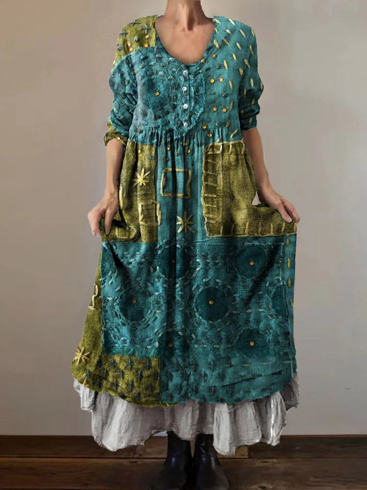 Women's Patchwork Pattern Art Print V-Neck Button Pocket Cotton Dress