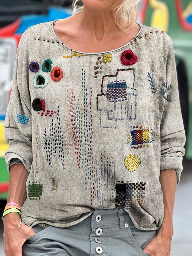 Comstylish Colorful Embroidered Japanese Sashiko Art T Shirt