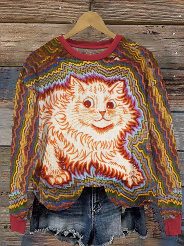 Comstylish Vintage Psychedelic Cat Print Women's Casual Sweatshirt