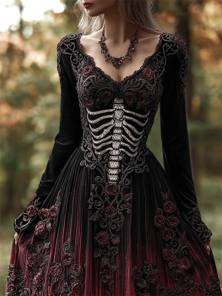 Comstylish Vintage Skeleton Roses Celtic Gradient Velvet Maxi Dress