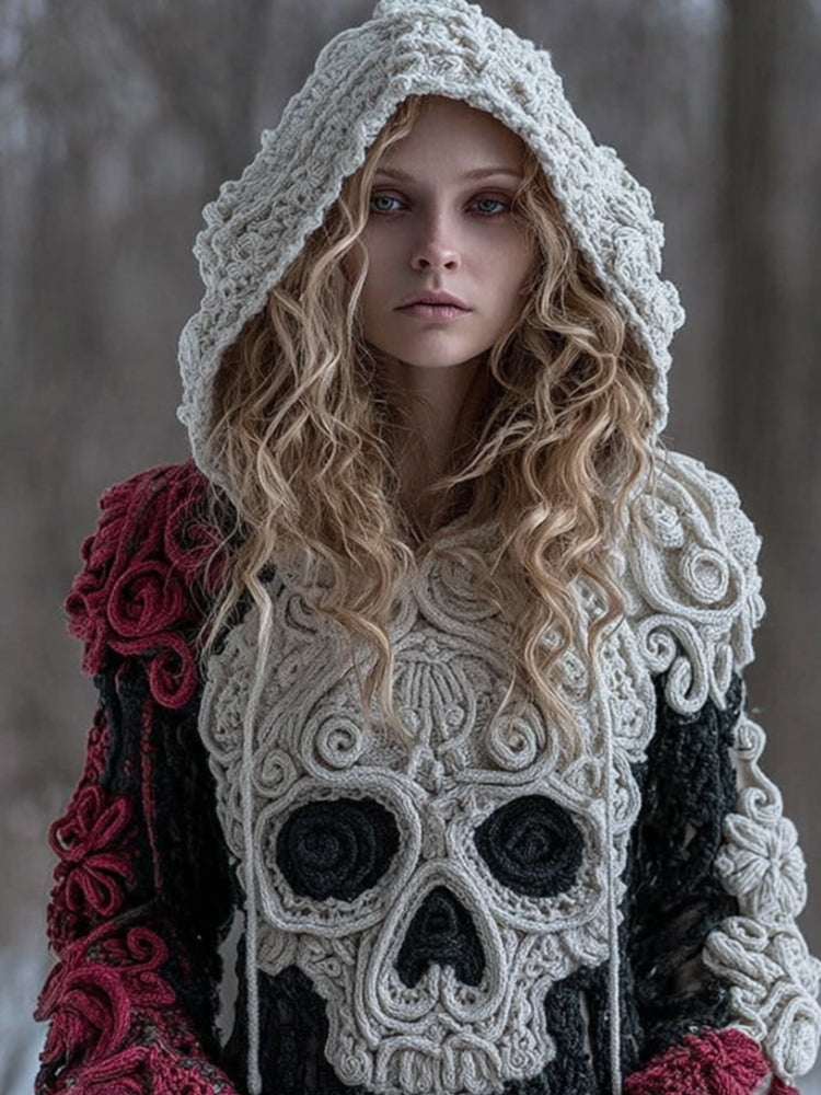 Comstylish Women Halloween Big Skull Rose Vintage Hooded Sweater