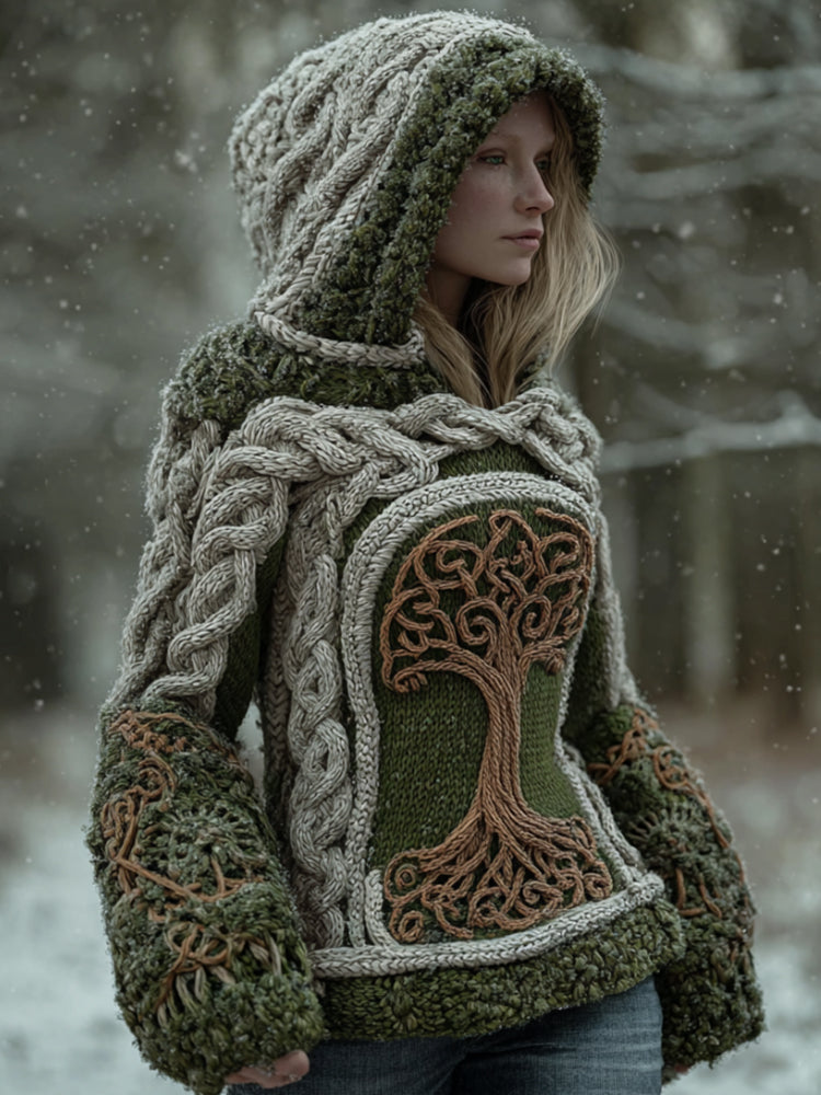 Women Viking Style Kai Tree Of Life Totem Coarse Needle Hooded Thick Sweater artswardrobe