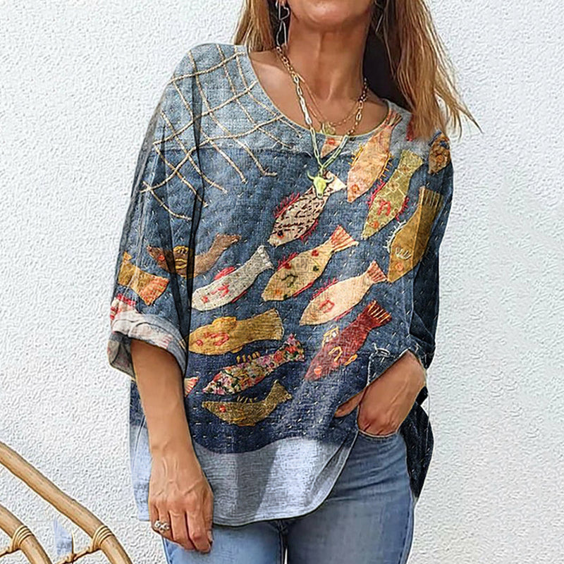Comstylish Fish Art Print Cotton And Linen Women's Casual Shirt