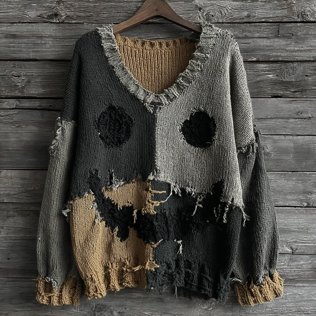 Halloween Spooky Face Contrast Stitching Comfortable V-neck Knitted Sweater artswardrobe