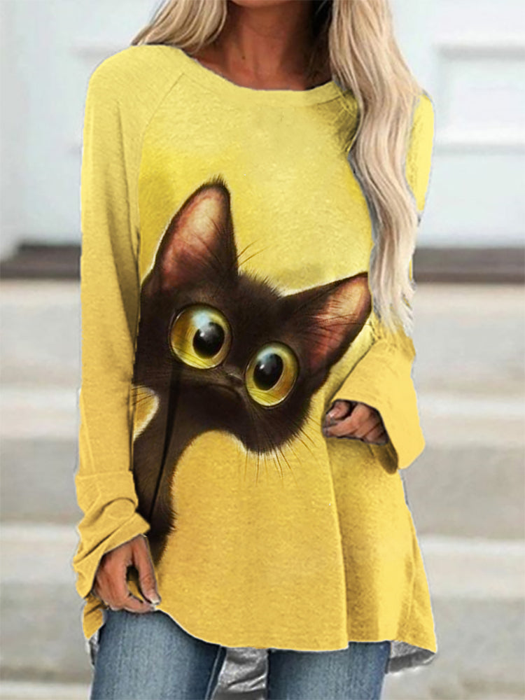 Lovely Peeking Black Cat Print Casual A Line T Shirt elevenforest