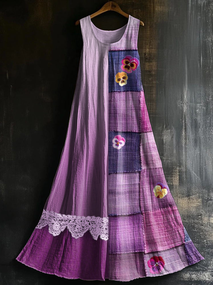 Pansy Flowers Embroidered Lace Patchwork Linen Dress artswardrobe