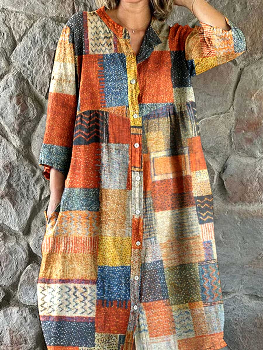 Women's Artistic Geometric Pattern Cotton Shirt Dress
