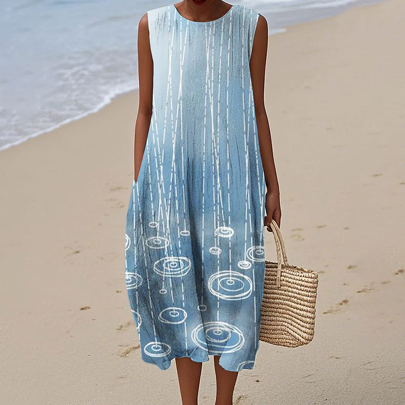 Comstylish Rain & Ripples Japanese Art Gradient Linen Dress