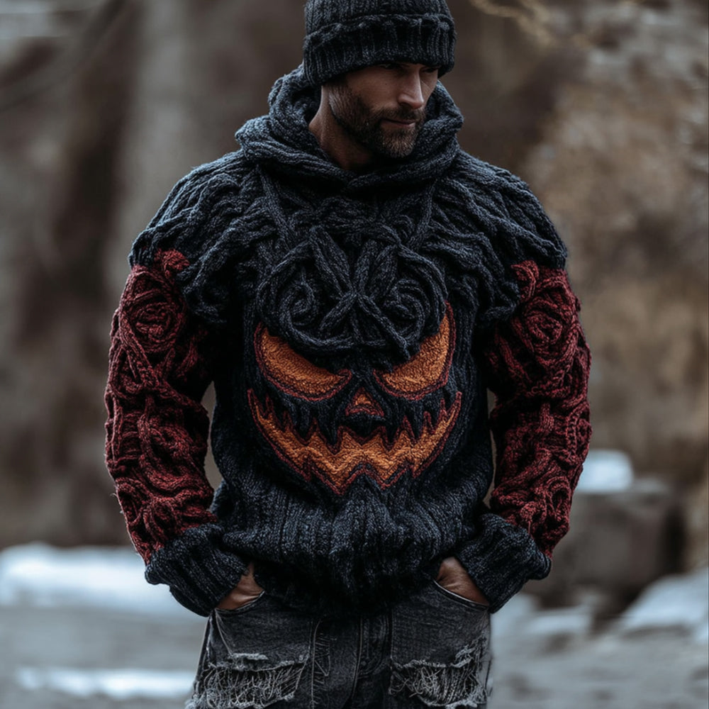 Men Halloween Pumpkin Emojis Hooded Coarse Needle Sweater artswardrobe
