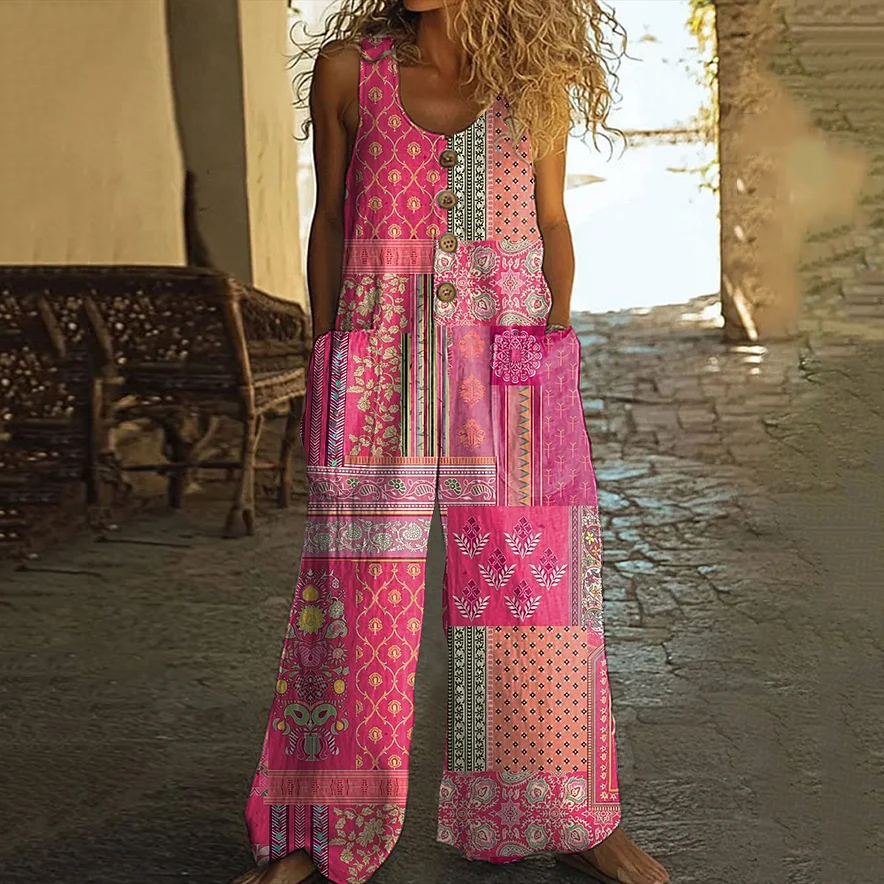 Comstylish Vintage Floral Patchwork Print Women's Linen Vest Jumpsuit