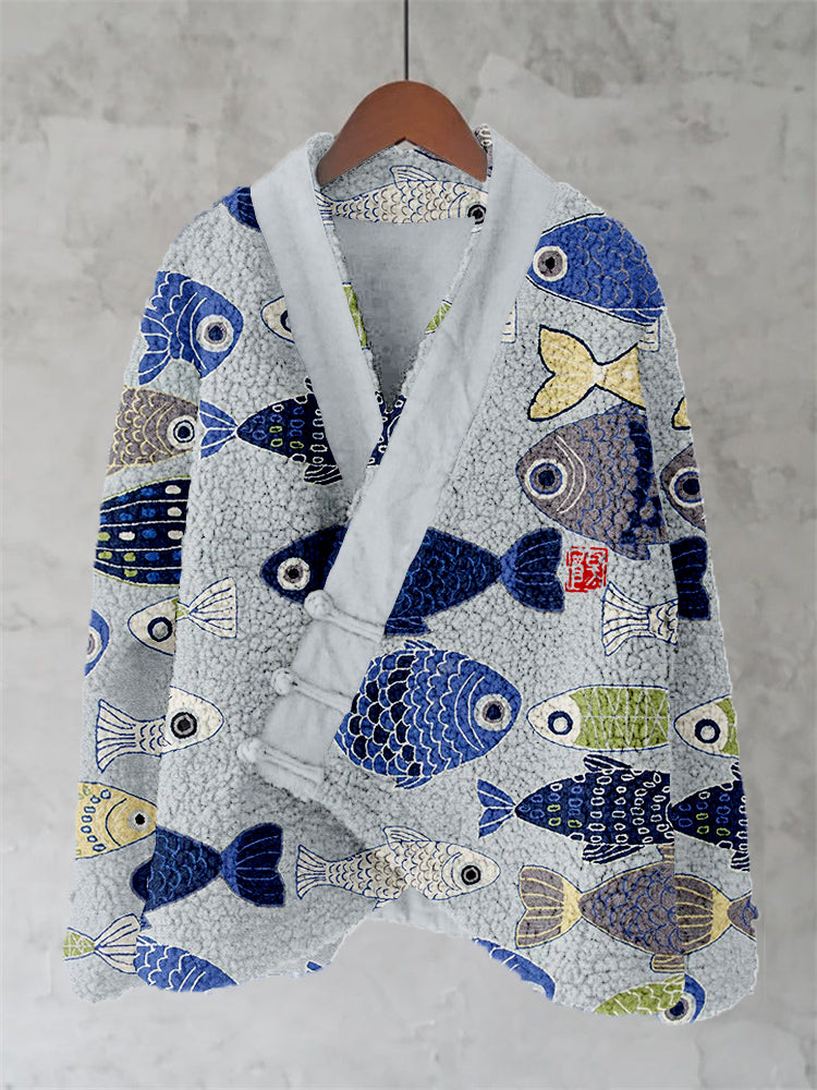 Comstylish Vintage Fish Japanese Art Fleece Kimono Cardigan