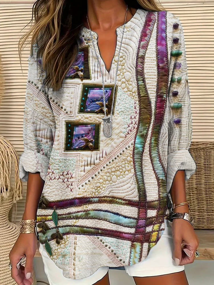 Comstylish Flower & Bird Embroidery Art Women's Linen V-neck Shirt